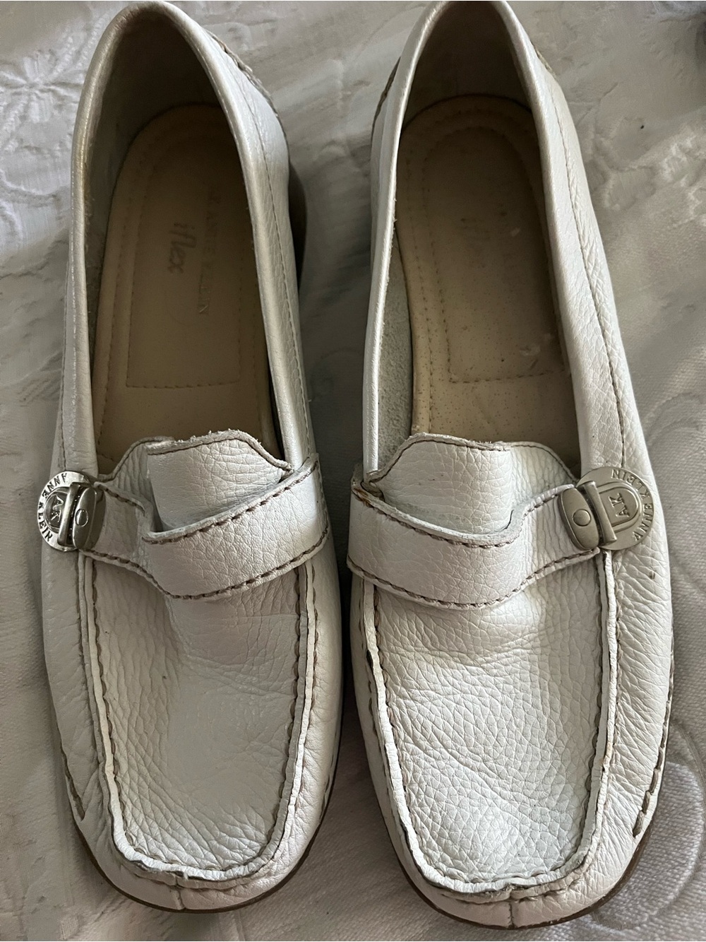 Anne Klein White Pebbled Leather Loafers with Silver Logo Accent